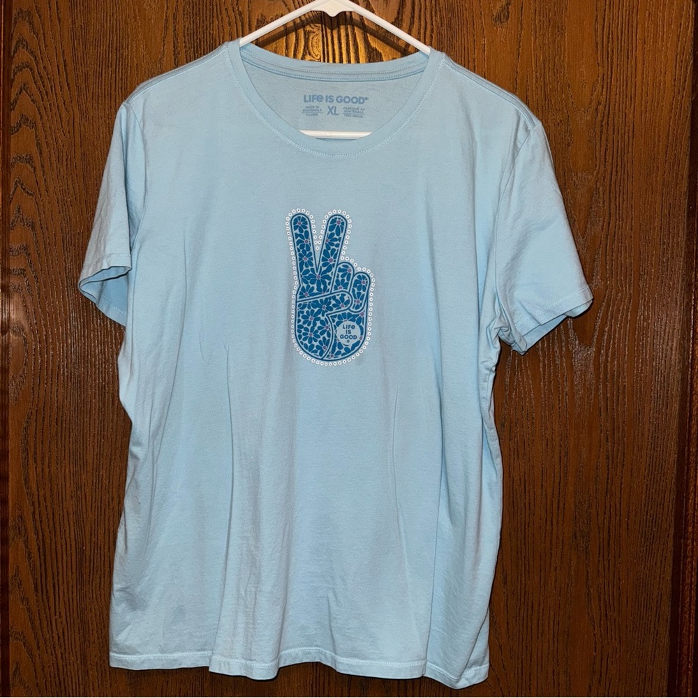 Life Is Good XL Short Sleeve Tee Unisex blue crew neck EUC Peace hand